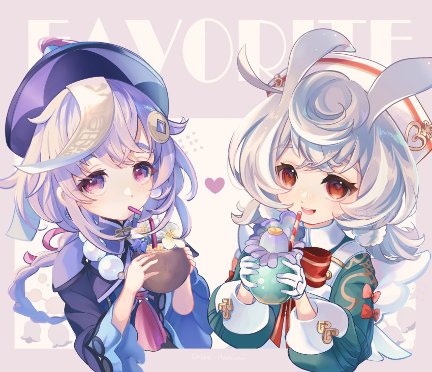2girls aqua_dress bead_necklace beads bow bowtie braid braided_ponytail coconut_cup coin_hair_ornament cropped_torso cup dress drinking drinking_straw earrings genshin_impact gloves grey_hair hair_ears hair_ornament hands_up hat heart highres holding holding_cup hoshiusagi_no_chloe jewelry long_hair long_sleeves looking_at_viewer low_twintails milkshake multiple_girls necklace nurse_cap ofuda_on_head open_mouth pink_background purple_eyes purple_hair purple_headwear qingdai_guanmao qiqi_(genshin_impact) red_bow red_bowtie red_eyes short_hair sigewinne_(genshin_impact) smile stud_earrings tassel twintails white_gloves white_headwear