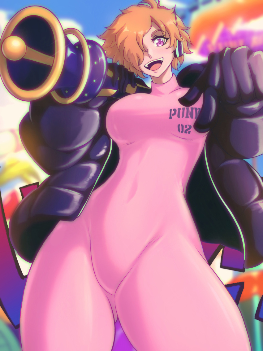 1girl absurdres black_gloves black_jacket blush bodysuit commentary earpiece english_commentary gloves hair_over_one_eye highres holding holding_weapon jacket leather leather_jacket looking_at_viewer one_eye_covered one_piece opalis open_clothes open_jacket open_mouth orange_hair purple_eyes short_hair smile solo teeth vegapunk_lilith weapon