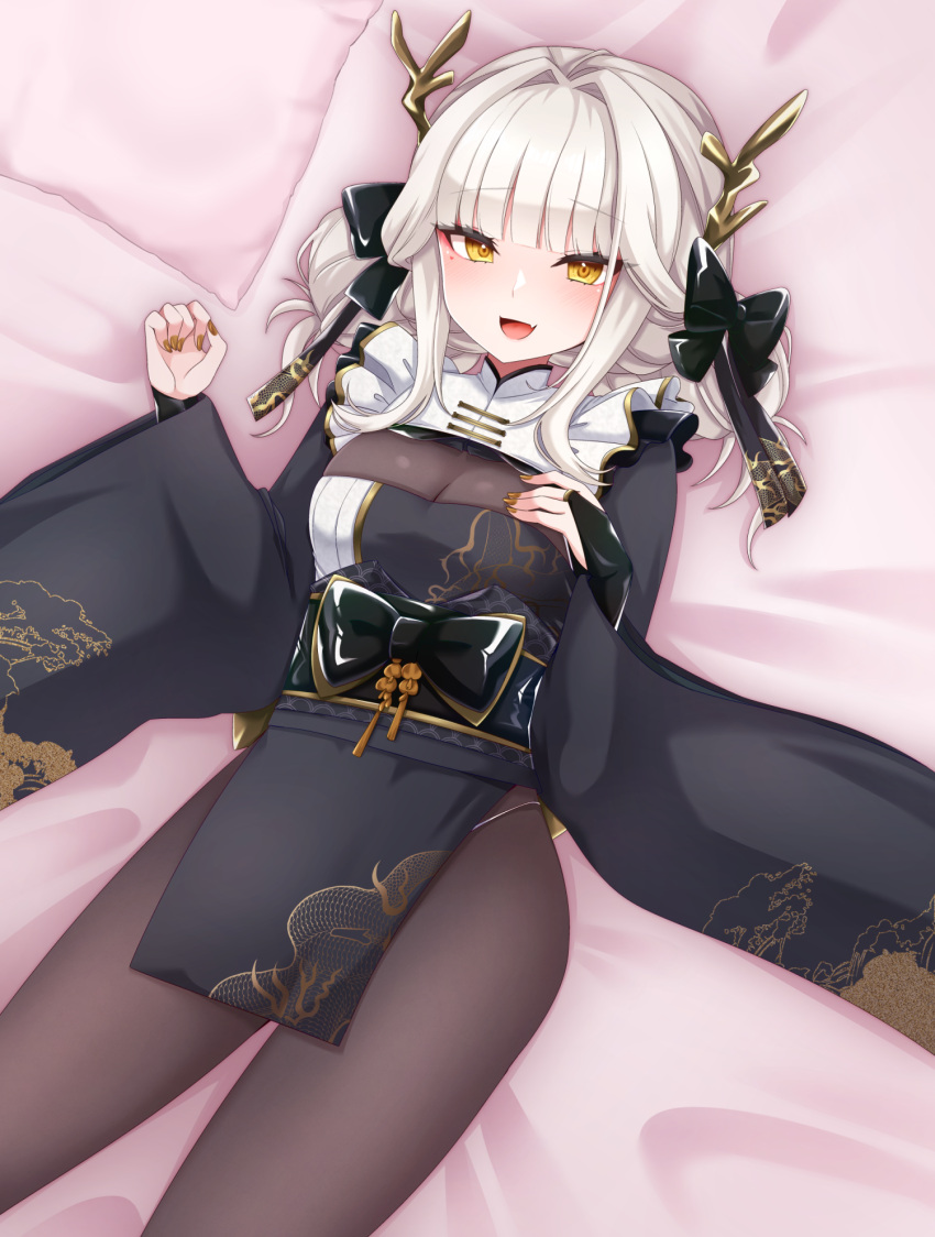 1girl :d bed_sheet black_bow black_kimono blanc_(nikke) bodystocking bow breasts bridal_gauntlets brown_hair brown_nails chiji_komari cleavage_cutout clothing_cutout commentary_request double_bun fang goddess_of_victory:_nikke hair_bow hair_bun hands_up highres japanese_clothes kimono long_sleeves looking_at_viewer lying medium_breasts nail_polish obi on_back pillow sash smile solo wide_sleeves yellow_eyes