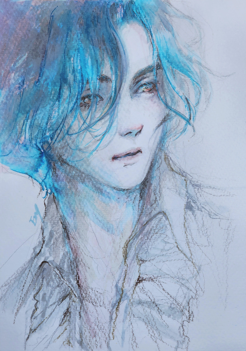 1boy absurdres blue_eyes blue_hair center_frills collared_shirt commentary_request english_commentary frills graphite_(medium) hair_over_one_eye highres inhouhou korean_commentary lies_of_p limited_palette looking_ahead male_focus marker_(medium) mixed-language_commentary painting_(medium) parted_lips pinocchio_(lies_of_p) plunging_neckline portrait realistic shirt short_hair simple_background solo traditional_media