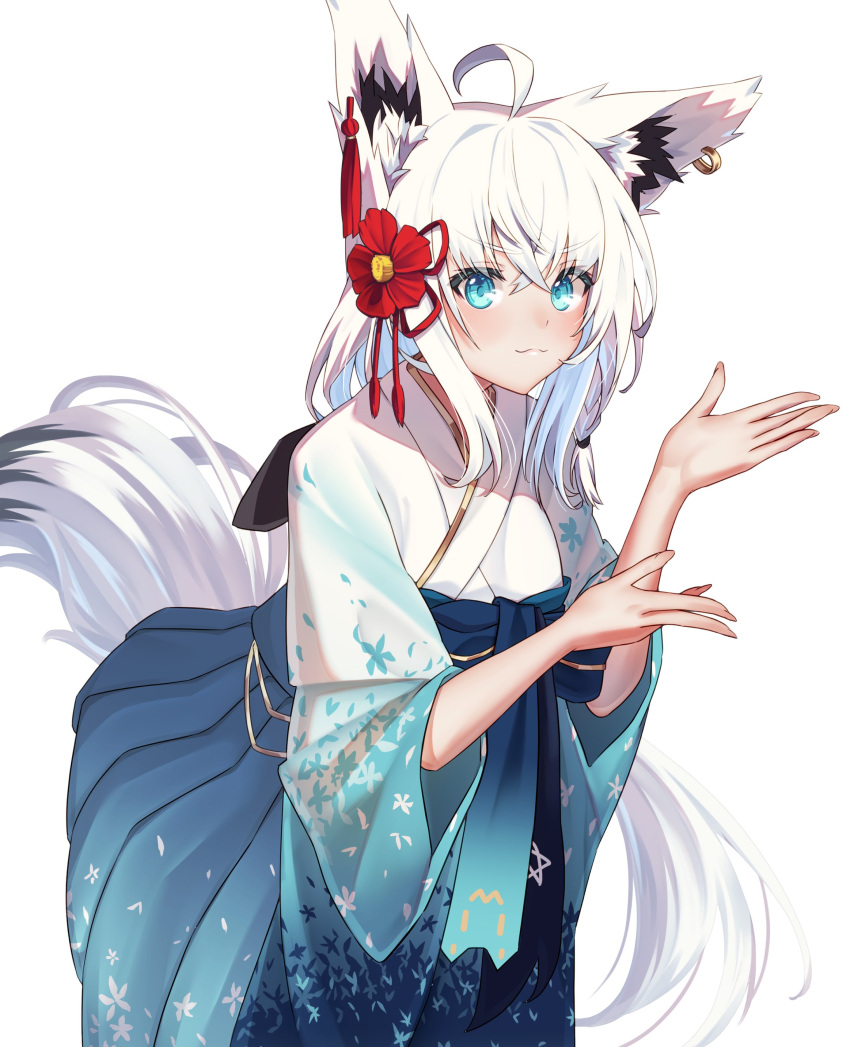 1girl absurdres ahoge animal_ear_fluff animal_ears aqua_eyes blue_hakama blue_kimono braid commentary_request earrings flower flower_knot fox_ears fox_girl gradient_kimono hair_between_eyes hair_flower hair_ornament hakama hakama_skirt high-waist_skirt highres hololive japanese_clothes jewelry kanzashi kimono long_hair obi pentagram red_flower sash shirakami_fubuki shirakami_fubuki_(new_year) side_braid sidelocks single_earring skirt solo ta_shiuji30 tassel tassel_hair_ornament very_long_hair virtual_youtuber white_background white_hair white_kimono