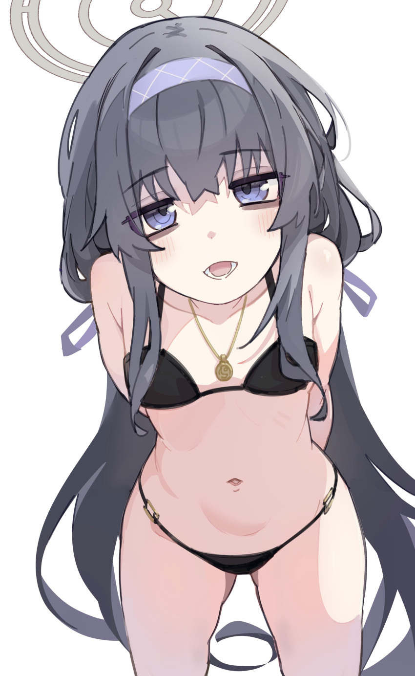 1girl absurdres bare_arms bare_legs bare_shoulders bikini black_bikini black_hair blue_archive blush breasts collarbone cowboy_shot hairband halo highres jewelry kilabo long_hair looking_at_viewer navel official_alternate_costume open_mouth pendant purple_eyes purple_hairband simple_background small_breasts solo swimsuit ui_(blue_archive) ui_(swimsuit)_(blue_archive) white_background