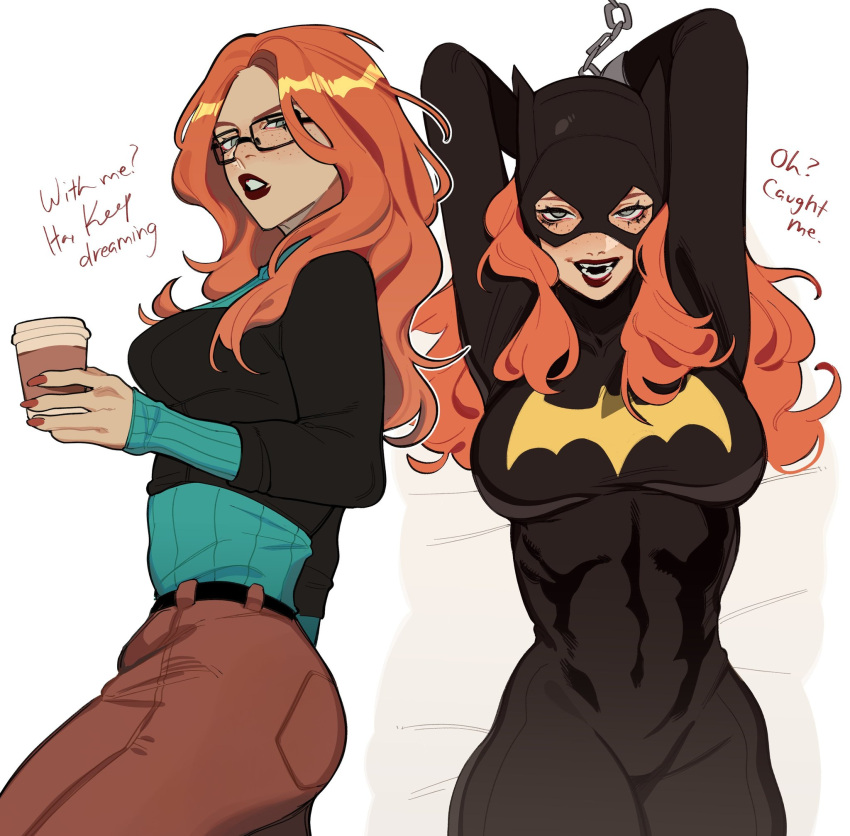 abs barbara_gordon batgirl batman_(series) bdsm bed bodysuit bound chained_wrists coffee_cup cup dc_comics disposable_cup english_text freckles glasses highres long_hair lying mask orange_hair porqueloin sweater toned white_background