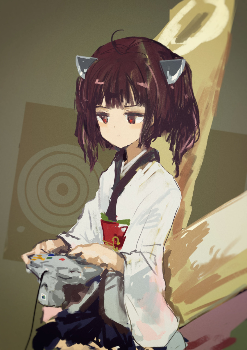 1girl absurdres ahoge black_skirt brown_background brown_hair closed_mouth commentary_request controller cowboy_shot expressionless game_controller hands_up headgear highres holding holding_controller holding_game_controller japanese_clothes jitome kabuyama_kaigi kimono kiritanpo_(food) light_blush looking_ahead medium_hair nintendo_64_controller obi oversized_food oversized_object playing_games red_eyes sash short_kimono skirt solo touhoku_kiritan twintails voiceroid white_kimono wide_sleeves