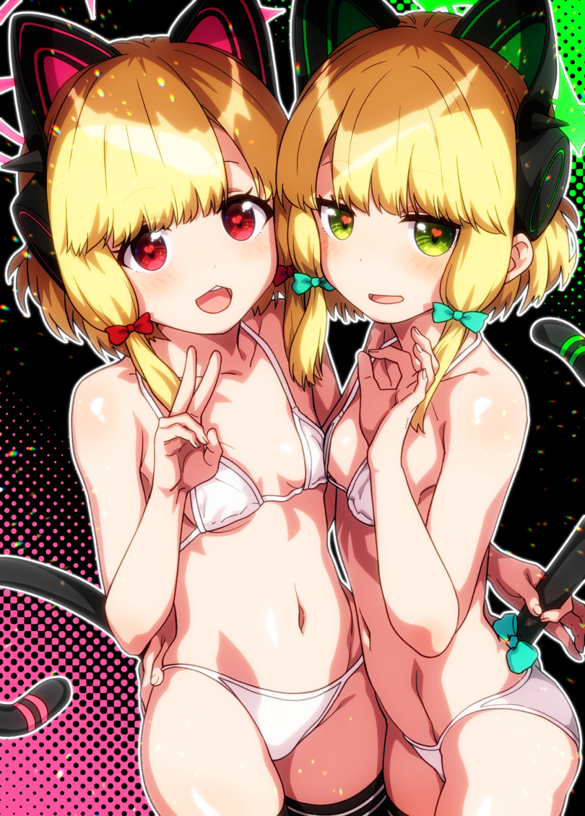 2girls animal_ear_headphones animal_ears bikini blonde_hair blue_archive blue_bow blush bow breasts cat_ear_headphones cat_ears cat_tail collarbone comiket_103 commentary_request cowboy_shot fake_animal_ears fake_tail green_eyes green_halo hair_bow halo headphones heart heart-shaped_pupils highres looking_at_viewer midori_(blue_archive) momoi_(blue_archive) multiple_girls navel ok_sign okina_ika open_mouth pink_halo red_bow red_eyes siblings sisters small_breasts swimsuit symbol-shaped_pupils tail tail_bow tail_ornament teeth twins upper_teeth_only v white_bikini