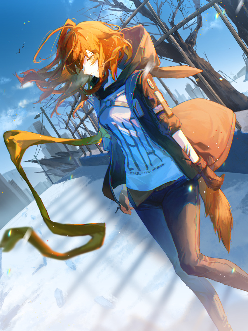 1girl absurdres arknights black_gloves black_jacket black_pants blue_sky closed_mouth crownslayer_(arknights) dutch_angle footprints gloves highres hood hood_down hooded_jacket jacket looking_down medium_hair open_clothes open_jacket orange_eyes orange_hair outdoors pants shirt sky snow solo watanabe_kawa white_shirt winter