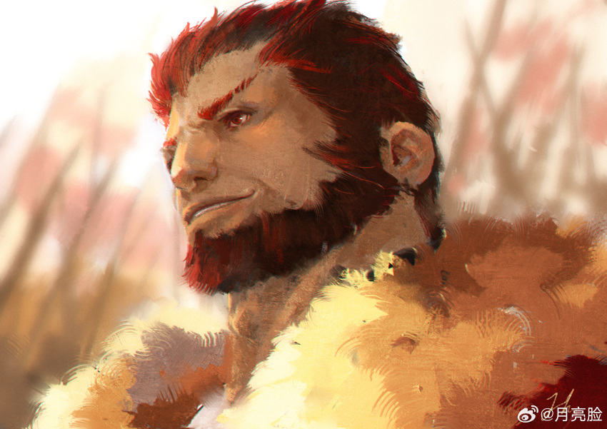 1boy absurdres adam's_apple beard cape facial_hair fate/grand_order fate_(series) highres iskandar_(fate) light_smile looking_ahead male_focus mature_male portrait red_eyes red_hair short_hair smile solo square_face thick_neck yueliang_lian_(1570050215)
