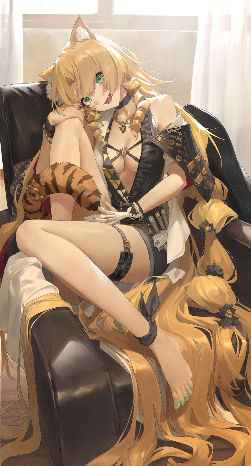 1girl absurdres animal_ear_fluff animal_ears aqua_nails arknights barefoot breasts couch curtains fang fingernails green_eyes highres long_hair looking_at_viewer medium_breasts nail_polish on_couch open_mouth smile solo swire_(arknights) tail thigh_strap toenails toes ttk_(kirinottk) very_long_hair window
