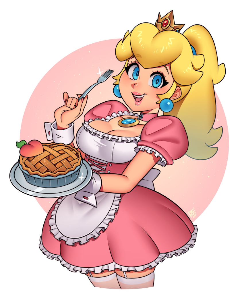 1girl absurdres alternate_costume apron blonde_hair blue_eyes breasts crown earrings enmaided food frilled_apron frills fruit highres jewelry long_hair maid mario_(series) medium_breasts peach pie plate princess_peach puffy_short_sleeves puffy_sleeves ravenousruss short_sleeves smile solo sphere_earrings teeth thighhighs thighs upper_teeth_only white_apron