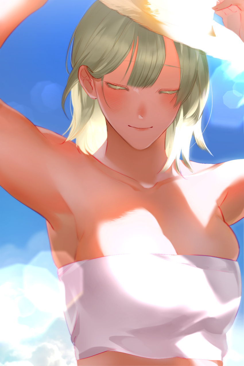 1girl armpits arms_up blonde_hair blue_sky blurry bokeh breasts closed_eyes closed_mouth collarbone colored_eyelashes day depth_of_field dungeon_meshi falin_thorden hair_behind_ear hand_on_headwear haneul_(csky) hat highres korean_commentary large_breasts midriff short_hair skindentation sky smile solo strapless straw_hat tube_top upper_body white_tube_top