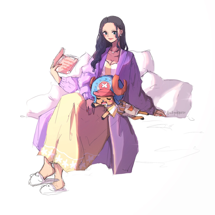 1boy 1girl antlers book commentary dress duckprotector26 earrings english_commentary extra_arms hat highres holding holding_book jewelry long_hair nico_robin one_piece pillow reindeer_antlers sidelocks sleeping slippers smile tony_tony_chopper
