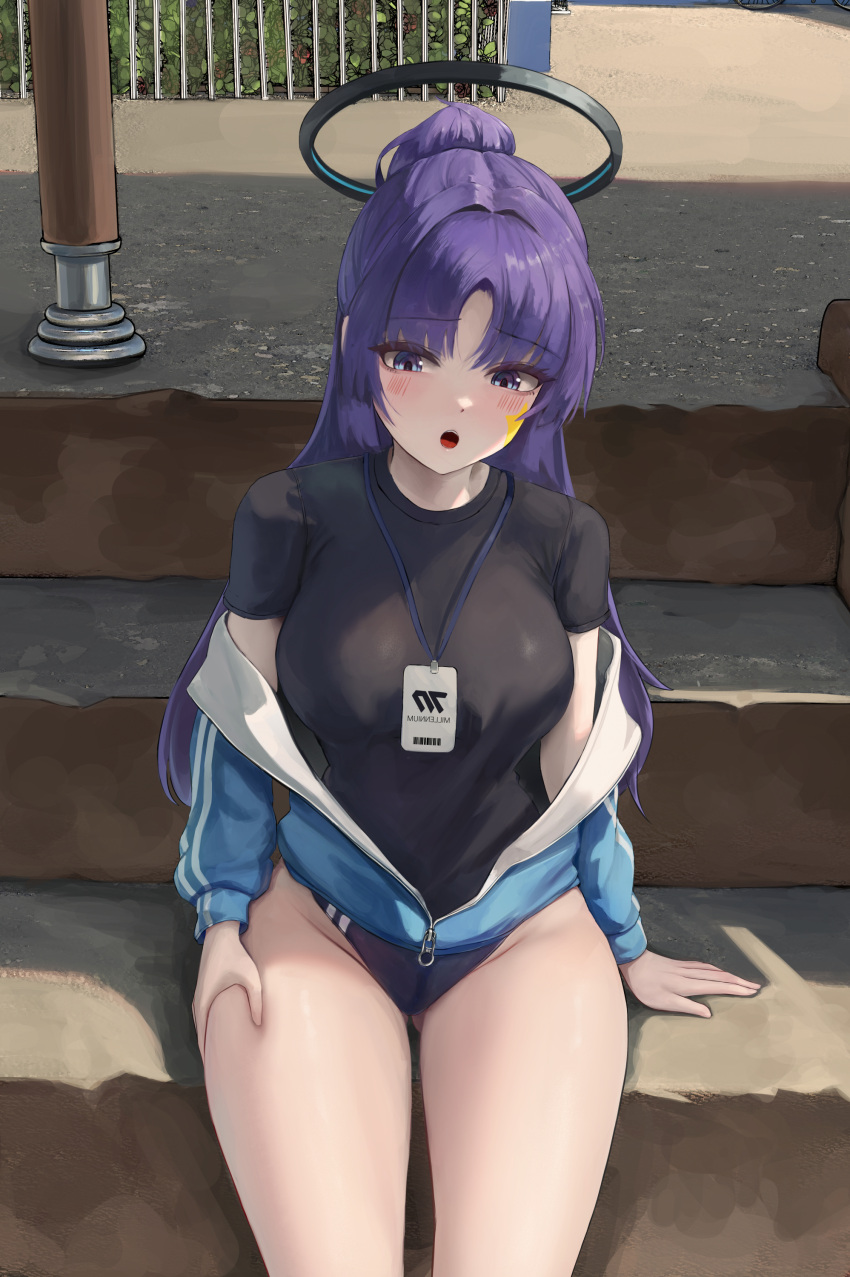 1girl absurdres ass_visible_through_thighs black_shirt blue_archive blue_jacket blush bolcham breasts cowboy_shot facial_mark groin halo highres id_card jacket lanyard large_breasts long_hair long_sleeves official_alternate_costume official_alternate_hairstyle open_mouth ponytail purple_eyes purple_hair shirt short_sleeves sitting solo stairs star_(symbol) yuuka_(blue_archive) yuuka_(track)_(blue_archive)