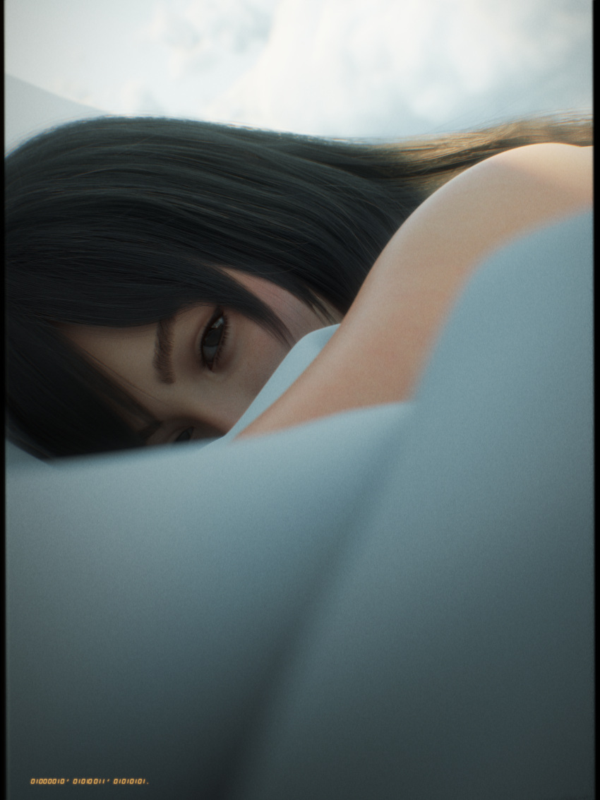 1girl 3d absurdres bed black_hair brown_eyes daz_studio_(medium) highres long_hair looking_at_viewer morning original photorealistic pillarboxed realistic shoe_lace_(shoe_lac3) solo