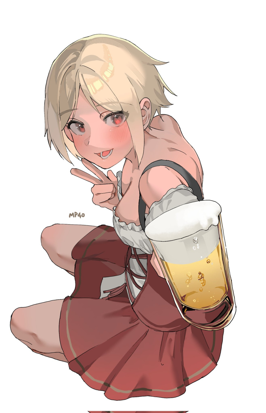 alcohol beer blonde_hair blush breasts brown_eyes character_name cleavage corrupted_twitter_file cup dirndl from_above german_clothes girls'_frontline highres holding holding_cup looking_at_viewer lower_teeth_only medium_breasts mp40_(girls'_frontline) open_mouth short_hair simple_background sitting teeth w white_background yongsadragon
