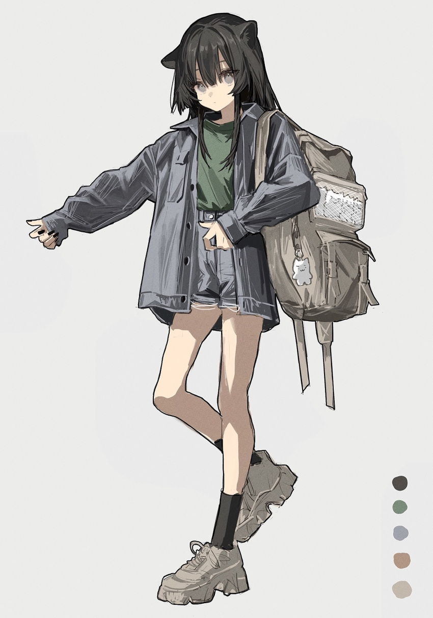 1girl absurdres animal_ears backpack bag black_hair black_nails black_socks cat_ears color_guide expressionless green_shirt grey_eyes grey_jacket hair_between_eyes high-waist_shorts highres jacket keychain long_hair long_sleeves looking_at_viewer original shirt shoes shorts socks solo straight_hair white_footwear zumochi