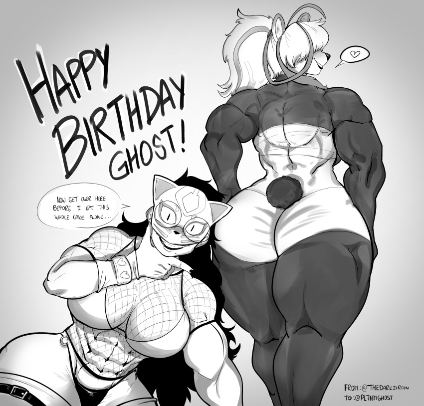 &lt;3 2023 5_fingers abs animal_mask anthro back_muscles bear biceps big_breasts big_butt birthday bra bracelet breasts butt clothed clothing dialogue duo english_text eyewear female fingers fishnet fishnet_clothing fishnet_topwear fox_mask giant_panda glasses greyscale hair hair_over_eyes hi_res human jewelry leg_belt mammal mask midriff monochrome muscular muscular_female panties ponytail scut_tail short_tail shou_(shoooohhhh) simple_background smile speech_bubble standing tail text thedarkzircon thick_thighs topless topwear underwear wide_hips wu_li-hua_(pltnm06ghost)