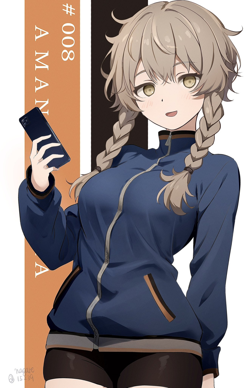 1girl amane_suzuha artist_name bike_shorts black_background black_shorts blue_jacket braid breasts brown_eyes character_name commentary cowboy_shot crossed_bangs high_collar highres holding holding_phone jacket light_blush light_brown_hair long_hair long_sleeves looking_at_viewer low_twin_braids medium_breasts nagare_(flow) open_mouth orange_background phone short_shorts shorts smile solo steins;gate twin_braids twitter_username white_background zipper_pull_tab