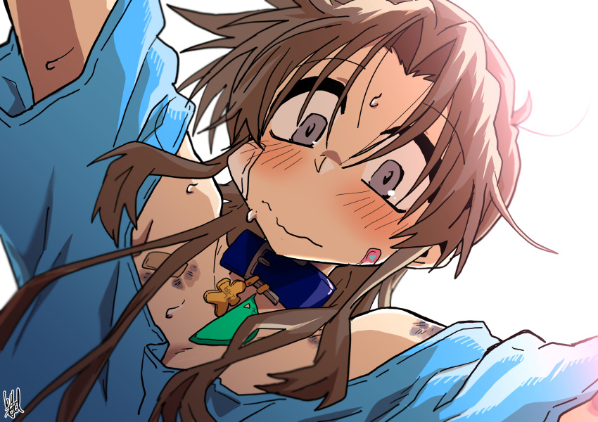 1girl absurdres artist_name bandaid bandaid_on_face bandaid_on_shoulder belt_collar blue_collar blue_shirt blush brown_hair bruise collar ed-chan_(edkuroki) edkuroki grey_eyes hair_intakes highres injury long_hair looking_at_viewer messy_hair original pov shirt signature simple_background solo sweat sweatdrop wavy_hair white_background