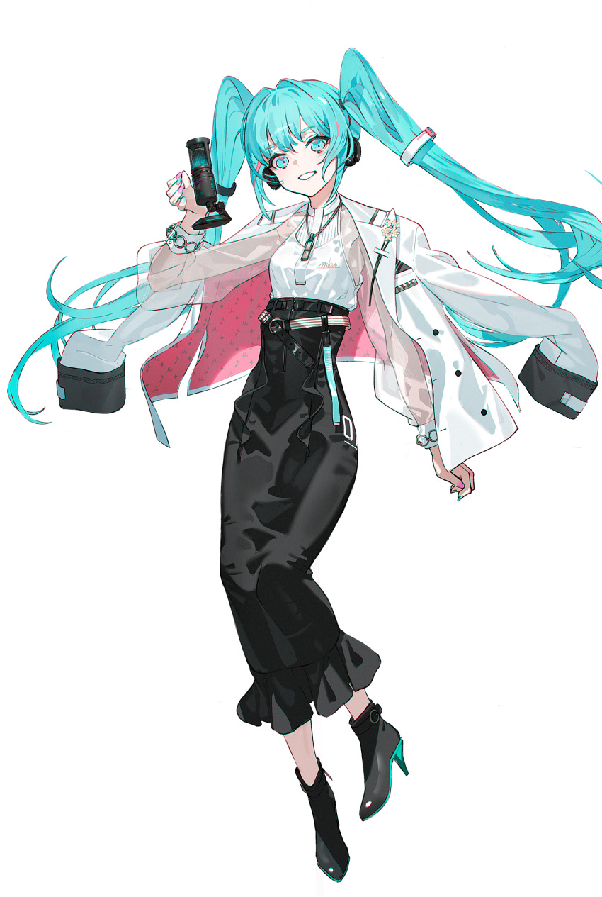 1girl aqua_eyes aqua_hair black_footwear black_skirt commentary_request full_body grey_background hatsune_miku high_heels highres jacket jacket_on_shoulders long_hair long_skirt looking_at_viewer neco official_alternate_costume official_art shirt skirt smile solo standing twintails very_long_hair vocaloid white_jacket white_shirt