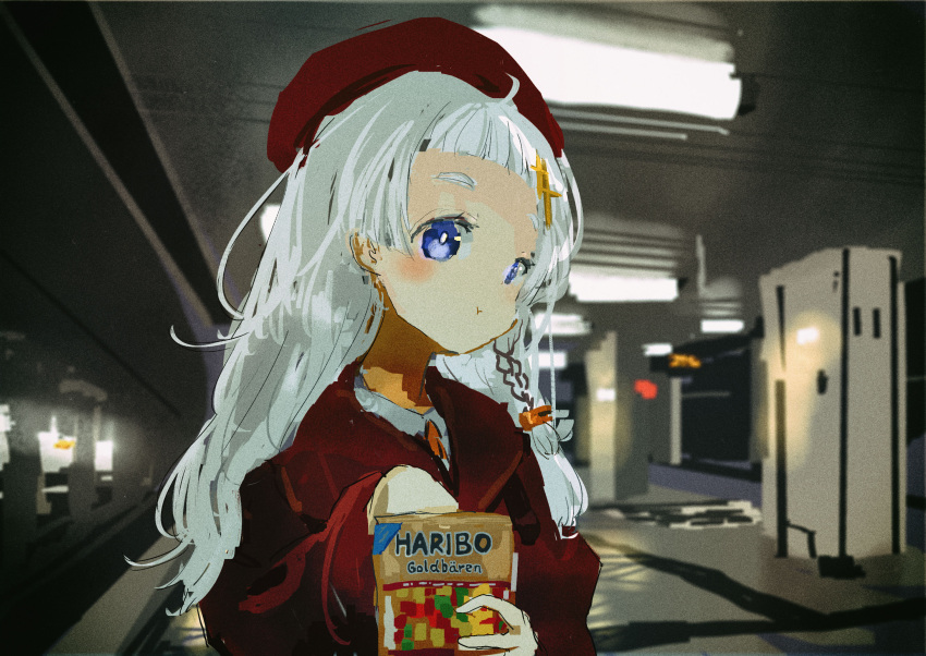 1girl a.i._voice ahoge bag beret blue_eyes blunt_bangs blurry blurry_background blush braid bright_pupils ceiling_light closed_mouth coat collared_shirt commentary_request eating film_grain german_text gummy_bear hands_up haribo hat highres holding holding_bag indoors kabuyama_kaigi kizuna_akari kizuna_akari_(tsubomi) long_hair long_sleeves looking_at_viewer pillar red_coat red_headwear shirt side_braid solo sparkle_hair_ornament subway subway_station upper_body voiceroid white_hair white_pupils