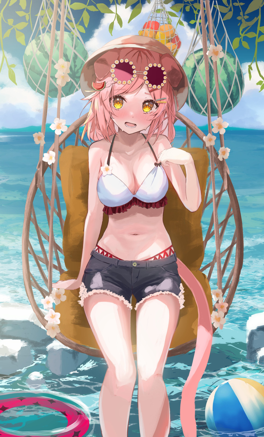 1girl absurdres animal_ears arknights bikini blue_shorts breasts butasanp cat_ears cat_girl cat_tail cleavage collarbone cutoffs denim denim_shorts eyewear_on_head flower-shaped_eyewear food food-themed_hair_ornament fruit goldenglow_(arknights) goldenglow_(summer_flowers)_(arknights) hair_ornament highres large_breasts long_hair looking_at_viewer official_alternate_costume pink_hair purple-tinted_eyewear short_shorts shorts sitting solo sunglasses swimsuit tail tinted_eyewear watermelon watermelon_hair_ornament white_bikini yellow_eyes