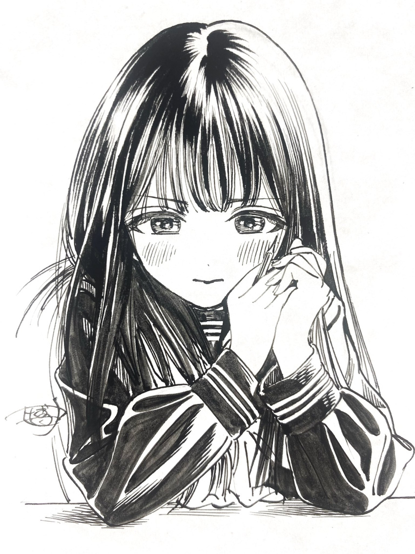 1girl akebi-chan_no_serafuku akebi_komichi blush closed_mouth greyscale hatching_(texture) highres hiro_(dismaless) holding holding_pencil long_hair long_sleeves monochrome pencil school_uniform serafuku shadow signature simple_background solo upper_body