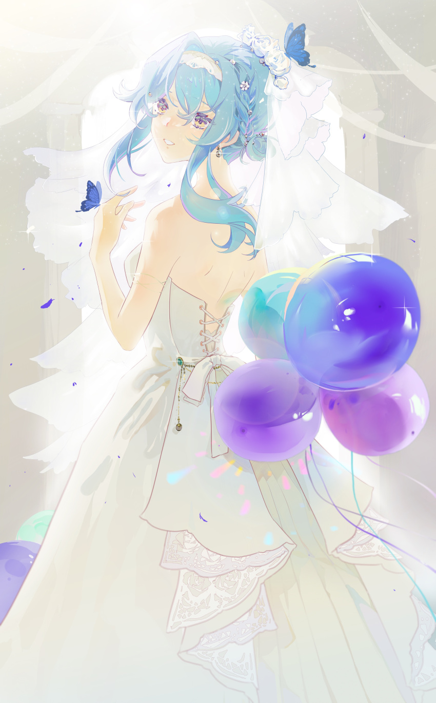 1girl absurdres alternate_costume alternate_hairstyle back balloon blue_butterfly blue_hair bridal_veil bride bug butterfly butterfly_on_hand butterfly_on_head cowboy_shot dress earrings eula_(genshin_impact) flower from_behind genshin_impact hair_flower hair_ornament hairband hand_up highres holding holding_balloon indoors jewelry looking_at_viewer looking_back medium_hair open_mouth sidelocks solo strapless strapless_dress updo veil wand8243 wedding wedding_dress white_dress white_hairband white_veil yellow_eyes