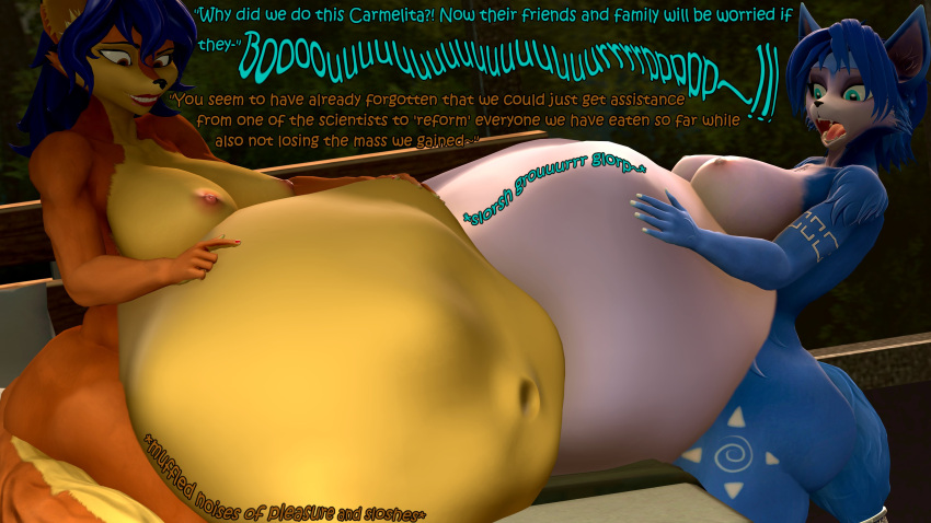 16:9 2022 3d_(artwork) 4k 5_fingers absurd_res anthro blue_hair breasts burping canid canine carmelita_fox colored_nails coriponer digital_media_(artwork) duo english_text female fingers fox hair hi_res huge_belly krystal lips mammal markings nails nintendo nipples nude open_mouth red_lips red_nails sly_cooper_(series) sony_corporation sony_interactive_entertainment source_filmmaker star_fox sucker_punch_productions tail text tongue tribal tribal_markings vore warfare_carmelita warfare_krystal white_nails widescreen