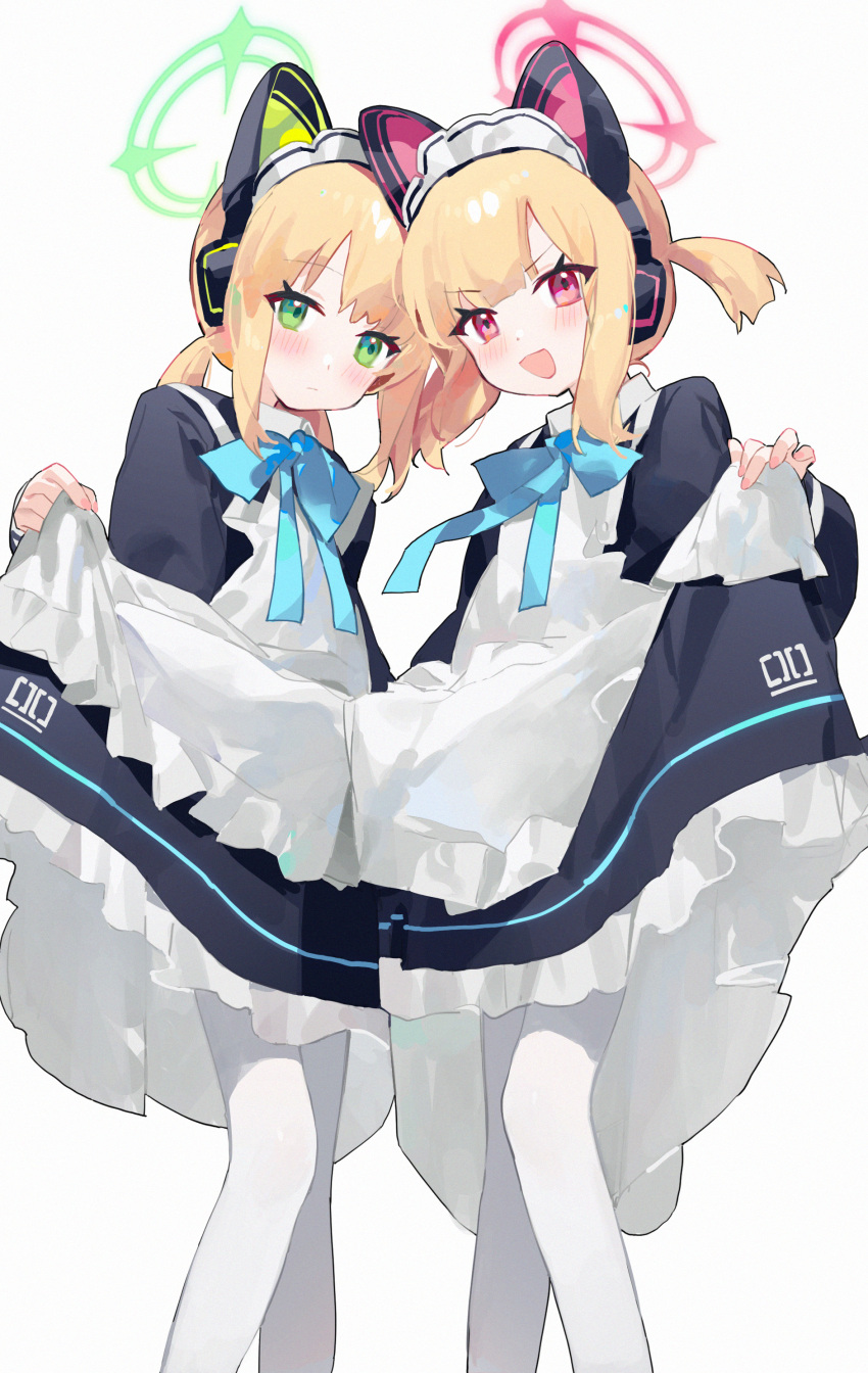 2girls absurdres animal_ear_headphones animal_ears apron black_dress blonde_hair blue_archive blush closed_mouth dress fake_animal_ears feet_out_of_frame green_eyes green_halo halo headphones highres long_sleeves measho midori_(blue_archive) midori_(maid)_(blue_archive) momoi_(blue_archive) momoi_(maid)_(blue_archive) multiple_girls official_alternate_costume open_mouth pantyhose pink_halo red_eyes short_hair siblings simple_background sisters smile twins white_apron white_background white_pantyhose