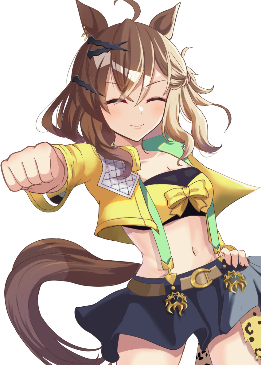 1girl absurdres ahoge animal_ears black_skirt breasts clenched_hands closed_mouth commentary_request cowboy_shot crop_top cropped_jacket earrings hair_between_eyes hair_ornament hand_on_own_hip highres horse_ears horse_girl horse_tail jacket jewelry jungle_pocket_(umamusume) kaniitama long_sleeves medium_hair midriff navel punching simple_background single_earring skirt small_breasts smile solo tail textless_version umamusume white_background x_hair_ornament yellow_jacket