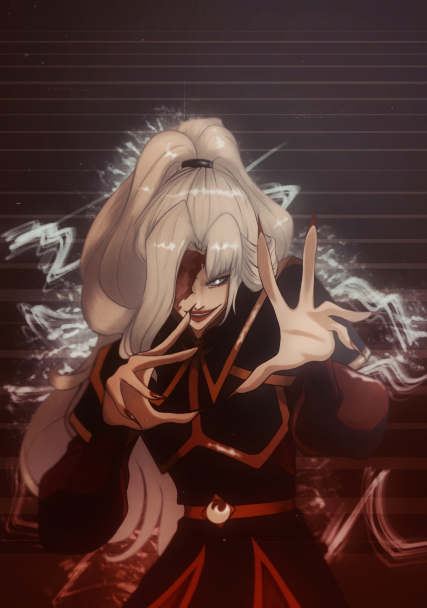 1girl 7villian7 armor avatar:_the_last_airbender avatar_legends azula azula_(cosplay) black_nails blonde_hair cosplay cowboy_shot crossover evil_grin evil_smile genshin_impact grin highres red_lips signora_(genshin_impact) smile solo stairs swept_bangs tagme upper_body