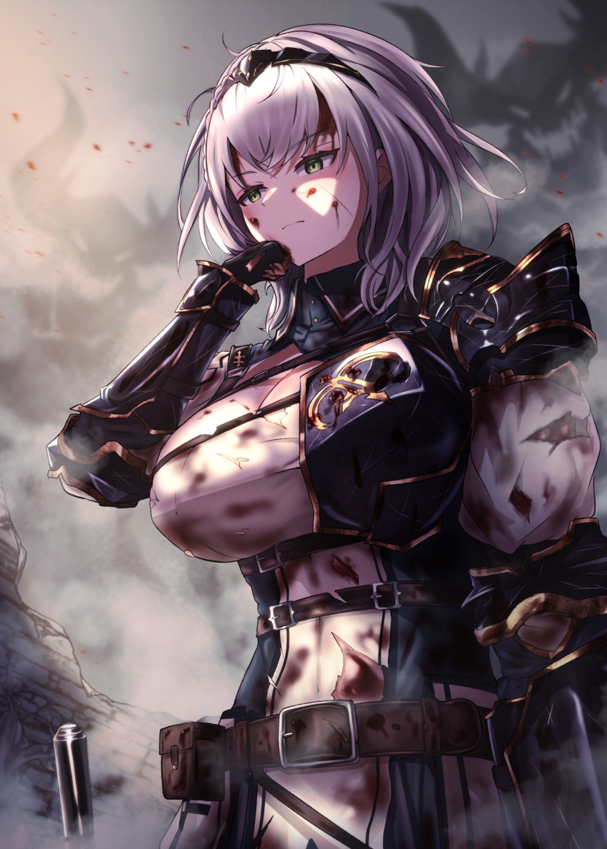 1girl absurdres belt black_gloves blood blood_on_clothes blood_on_face blue_dress breasts brown_belt cleavage cleavage_cutout clothing_cutout dress fingerless_gloves gloves green_eyes grey_hair highres hololive holster kaiju_ryoku large_breasts leather_belt looking_at_viewer shirogane_noel shirogane_noel_(1st_costume) short_hair solo torn_clothes torn_dress two-tone_dress virtual_youtuber white_dress