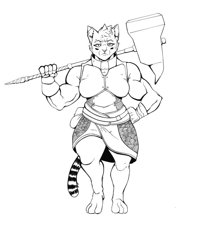 2020 3_toes 5_fingers absurd_res anthro armor barefoot belt biceps biped black_and_white breastplate breasts catfolk cheek_markings cheek_tuft clothed clothed_anthro clothed_female clothing digital_drawing_(artwork) digital_media_(artwork) eyebrows facial_markings facial_tuft feet felid female female_anthro fingers front_view full-length_portrait fur fur_tuft gauntlets gloves hair half-closed_eyes hammer hammer_over_shoulder hand_on_hip handwear hasbro head_markings hi_res holding_hammer holding_maul holding_melee_weapon holding_object holding_tool holding_weapon looking_at_viewer mammal markings maul melee_weapon monochrome muscular muscular_anthro muscular_female narrowed_eyes pathfinder portrait possumcrimes prick_ears pupils ring_(marking) ringtail sarong simple_background slightly_chubby slightly_chubby_anthro slightly_chubby_female slit_pupils solo standing striped_markings striped_tail stripes strongfat tail tail_markings thick_thighs toes tools tuft weapon weapon_on_shoulder white_background wizards_of_the_coast