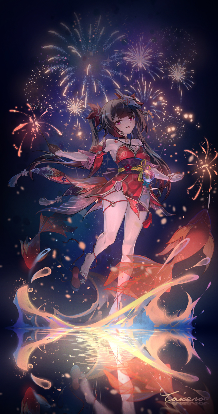 1girl absurdres bare_shoulders barefoot bell brown_hair caisena chinese_clothes detached_sleeves dress fireworks fish fox_mask highres honkai:_star_rail honkai_(series) long_hair looking_at_viewer mask mihoyo mole mole_under_each_eye mole_under_eye multiple_moles neck_bell pink_eyes red_dress reflection reflective_water sandals smile solo sparkle_(honkai:_star_rail) thighs twintails water_drop