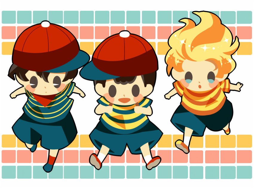 3boys backpack bag bandana baseball_cap black_hair blonde_hair blue_shorts blush_stickers hat hitofutarai looking_down lucas_(mother_3) male_focus mother_(game) mother_1 mother_2 mother_3 multiple_boys ness_(mother_2) ninten open_mouth orange_footwear pac-man_eyes red_bandana red_headwear red_socks running shirt shoes short_sleeves shorts sideways_hat socks solid_oval_eyes striped striped_shirt white_socks