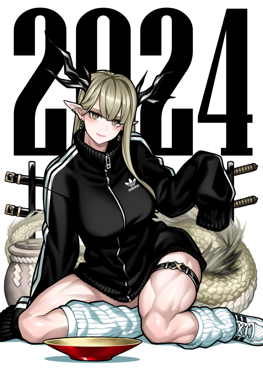 1girl 2024 absurdres adidas black_jacket blonde_hair bowl breasts dragon_horns dragon_tail earrings highres horns jacket jewelry katana large_breasts light_blush light_smile long_hair long_sleeves looking_at_viewer loose_socks muscular muscular_female original pointy_ears simple_background slit_pupils socks solo sword tail thick_thighs thighs urn very_long_hair weapon white_background white_footwear white_socks yellow_eyes yotaro zipper