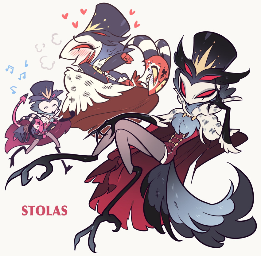 2boys bird_legs bird_tail black_headwear blitzo_(helluva_boss) bound cape carrying carrying_person character_name closed_eyes closed_mouth colored_sclera demon extra_eyes feathers full_body furry furry_male hand_on_own_face hand_up hat heart helluva_boss highres horns invisible_chair jacket looking_at_viewer male_focus meremero multiple_boys open_mouth owl_boy red_cape red_eyes red_jacket sharp_teeth simple_background sitting smile stolas_(helluva_boss) striped_horns tail talons teeth tied_up_(nonsexual) torn_cape torn_clothes white_background