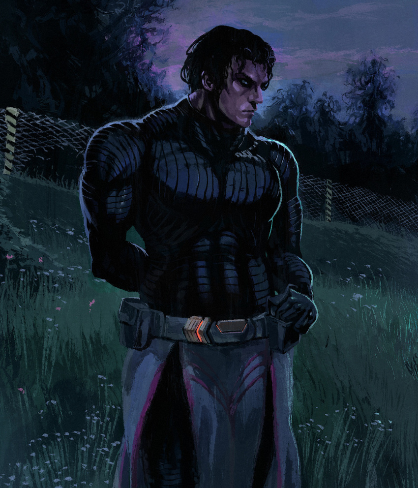 1boy abs angry belt chain-link_fence chin des_(desvitio) fence flower grass highres looking_to_the_side muscular muscular_male neck night night_sky nose on_grass original sky standing tree