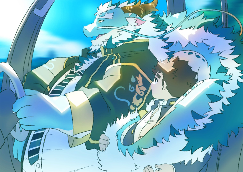 anthro beard blue_body car chubby_protagonist_(tas) dragon driving duo facial_hair hair horn human kusarikakemono lifewonders male male/male mammal mature_male musclegut qinglong tokyo_afterschool_summoners vehicle white_hair