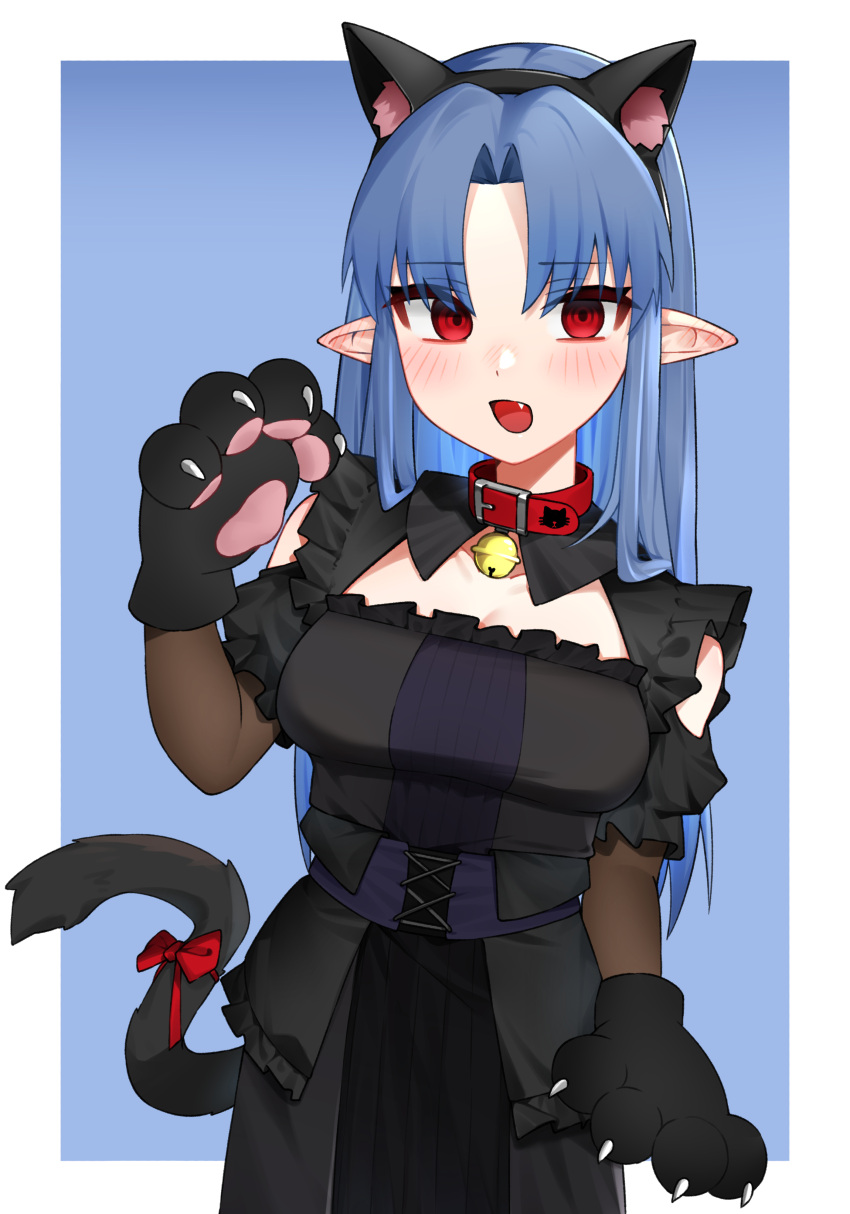 1girl absurdres aged_up animal_collar animal_ears animal_hands bell belt_collar black_dress blue_background blue_hair blush bow breasts cat_ears cat_paws cat_tail clothing_cutout collar commentary_request commission cowboy_shot darega_(nj3j_otaku) dress fake_animal_ears fake_tail fang gloves hair_intakes highres jingle_bell large_breasts len_(tsukihime) long_hair looking_at_viewer neck_bell open_mouth paw_gloves pointy_ears red_bow red_collar red_eyes shoulder_cutout skeb_commission solo tail tail_bow tail_ornament tsukihime