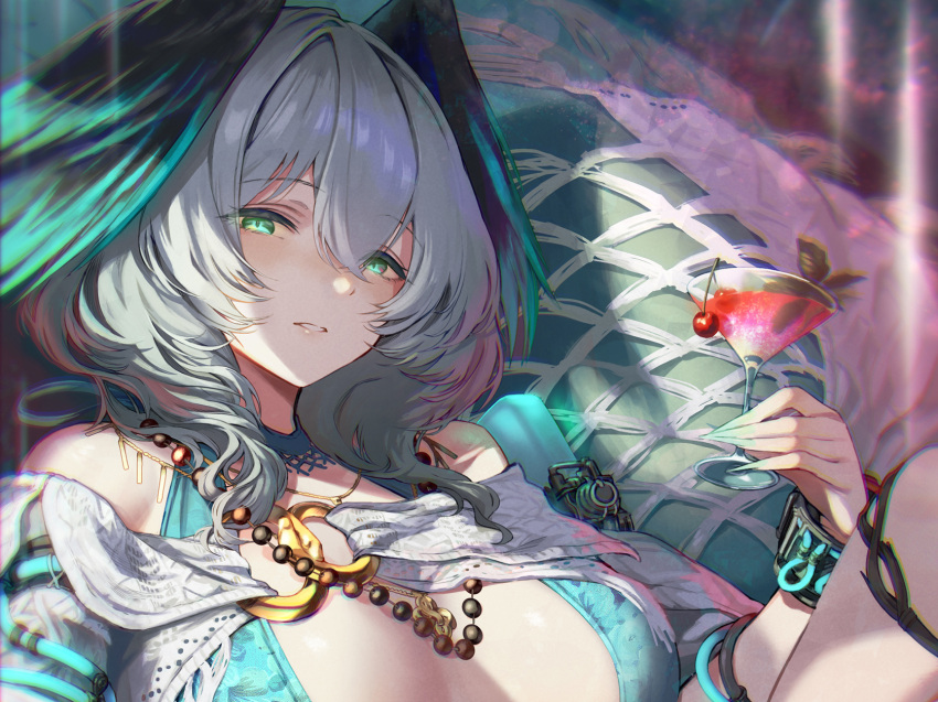 1girl aqua_eyes aqua_nails aqua_wings arknights bead_necklace beads breasts cherry cocktail_glass cup drinking_glass food fruit green_one-piece_swimsuit grey_hair hair_between_eyes head_wings highres ho'olheyak_(arknights) holding holding_cup jewelry large_breasts looking_at_viewer necklace one-piece_swimsuit solo swimsuit takechi_akinobu two-tone_wings upper_body wings