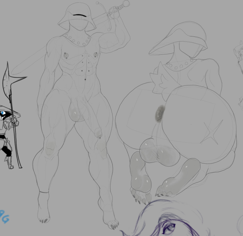 abs amygdahlia_(artist) anthro anus armor balls_blush black_nails blush body_blush butt clothed clothing colored_nails deer foreskin genitals headgear headgear_only helmet helmet_only male mammal melee_weapon muscular nails partially_clothed penis perineum piercing presenting presenting_hindquarters scar solo sword thick_thighs tiptoes vein veiny_penis weapon