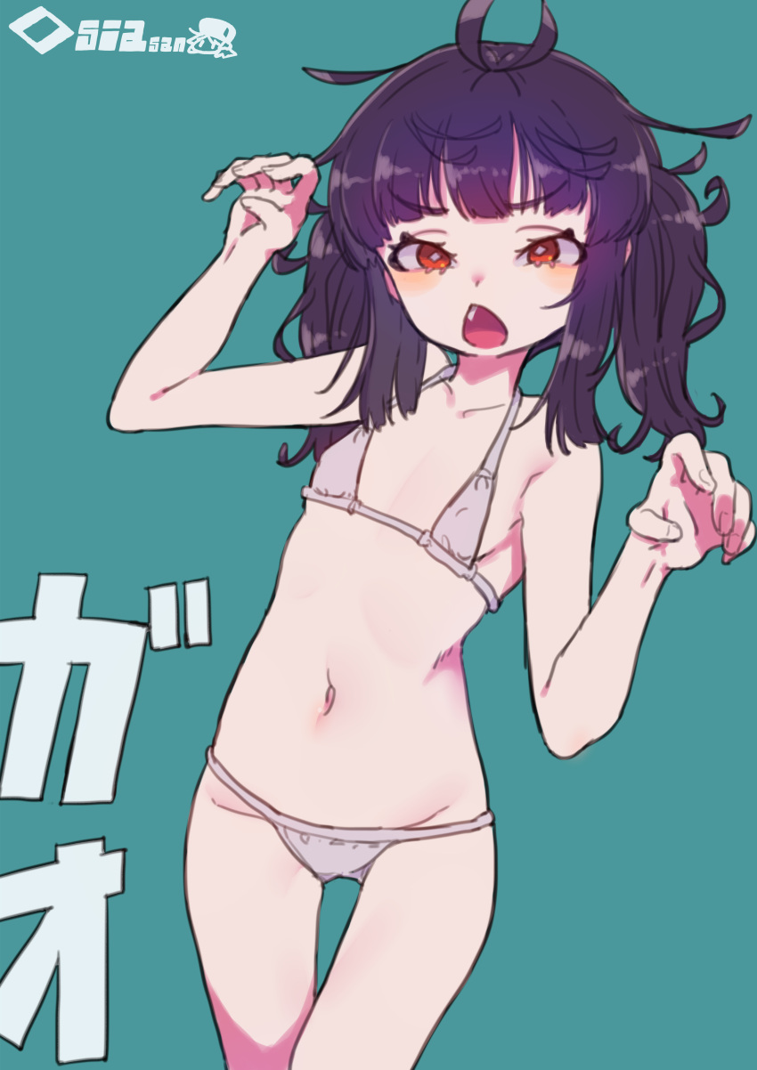 1girl absurdres artist_self-insert bare_shoulders bikini breasts covered_nipples fang gao hairstyle_request highres messy_hair micro_bikini navel open_mouth original red_eyes rosia_san rosia_san-chan simple_background small_breasts solo sound_effects stomach swimsuit white_bikini