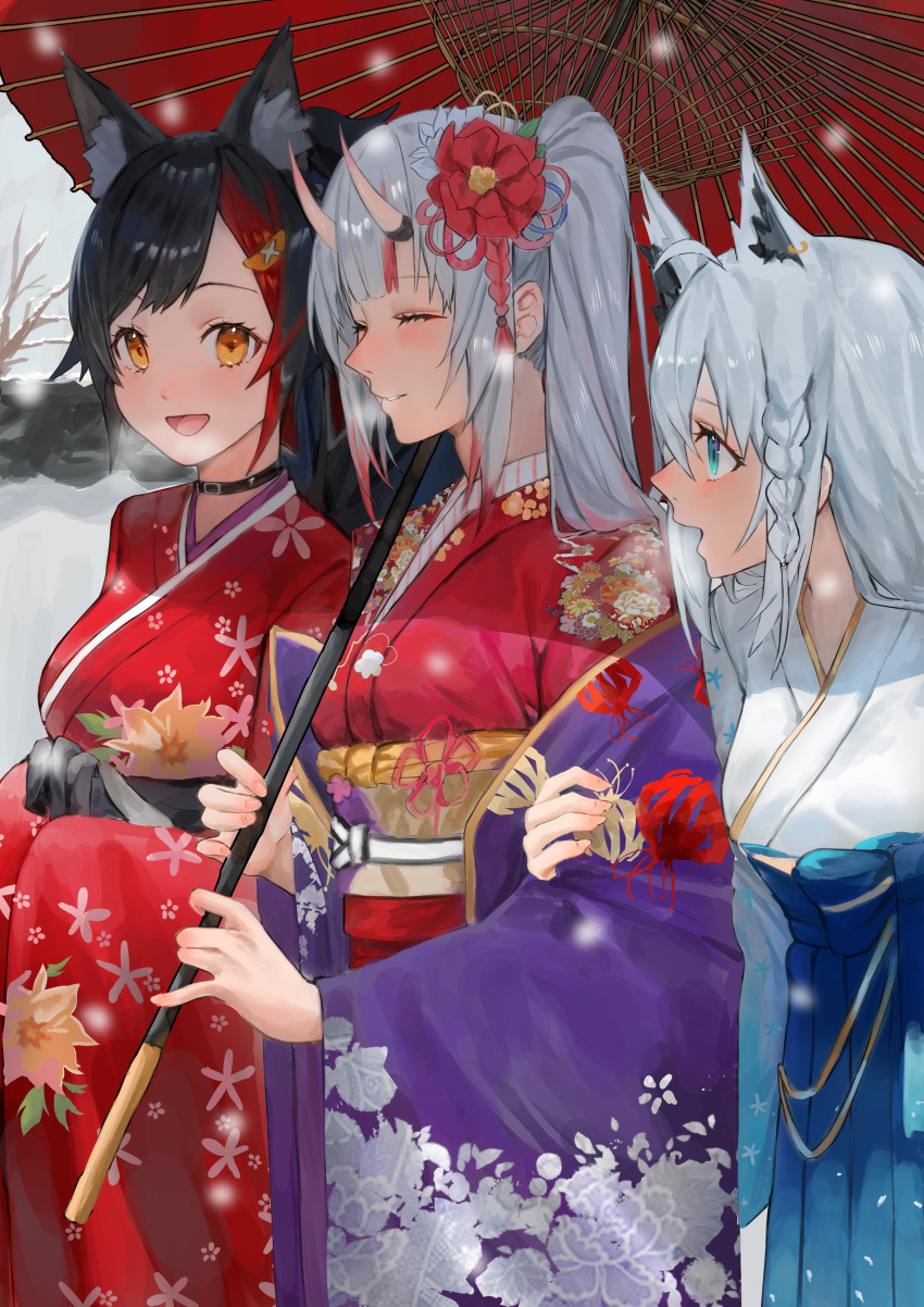 3girls absurdres ahoge amolla28293647 animal_ear_fluff animal_ears black_hair blue_hakama blue_kimono blush braid floral_print flower fox_ears fox_girl gradient_kimono hair_between_eyes hair_flower hair_ornament hakama hakama_skirt haori hatsumoude highres hololive horns japanese_clothes kanzashi kimono long_hair multicolored_hair multiple_girls nakiri_ayame nakiri_ayame_(new_year) obi official_alternate_costume oni oni_horns ookami_mio ookami_mio_(new_year) print_kimono red_hair red_kimono sash shirakami_fubuki shirakami_fubuki_(new_year) sidelocks single_braid skin-covered_horns skirt smile streaked_hair virtual_youtuber white_hair white_kimono wolf_ears wolf_girl yellow_eyes