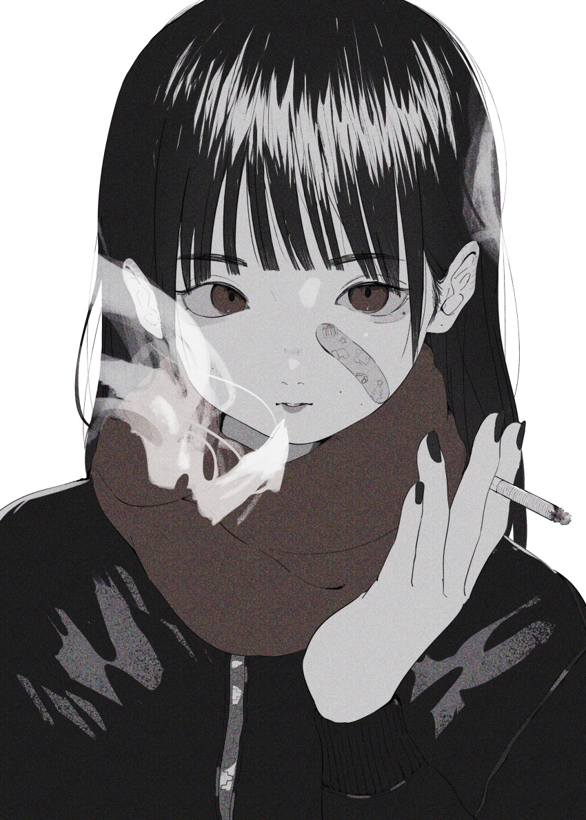 1girl absurdres bandaid bandaid_on_face black_hair blunt_bangs cigarette highres holding holding_cigarette jacket kei_(a_key_kuuuun) long_hair long_sleeves looking_to_the_side mole mole_under_eye muted_color nail_polish original parted_lips red_eyes scarf smoke smoking solo upper_body white_background