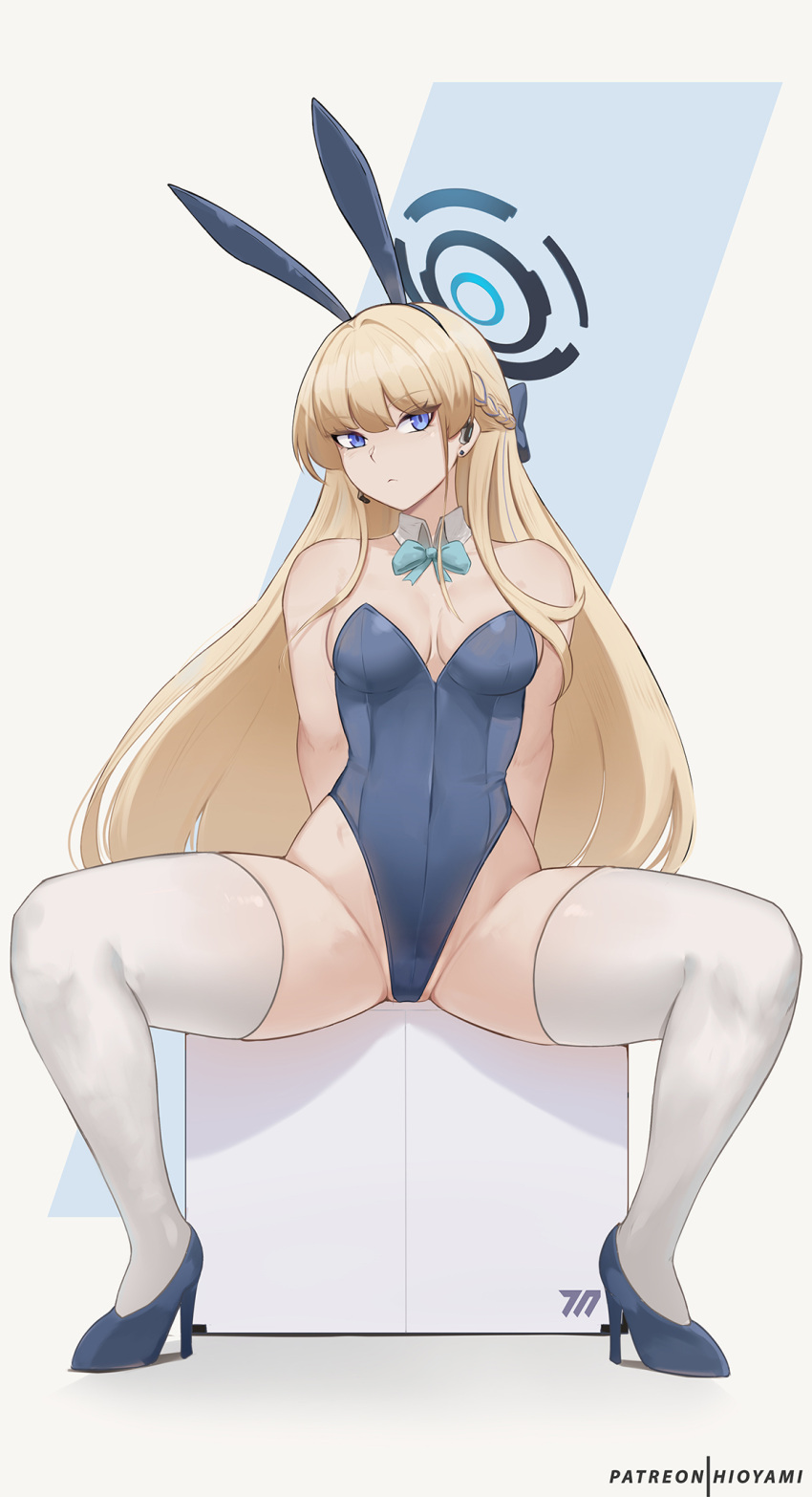 1girl animal_ears aqua_bow aqua_bowtie bare_shoulders blonde_hair blue_archive blue_eyes blue_footwear blue_leotard bow bowtie braid breasts commentary fake_animal_ears french_braid grey_background groin high_heels highres hioyami leotard long_hair looking_at_viewer official_alternate_costume rabbit_ears sitting small_breasts solo spread_legs strapless strapless_leotard thighhighs thighs toki_(blue_archive) toki_(bunny)_(blue_archive) very_long_hair white_thighhighs