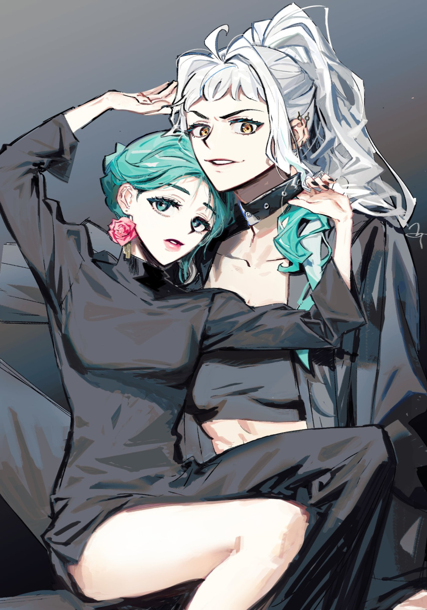2girls abs black_jacket black_nails black_pants choker commentary_request crop_top doodlz1p dress earrings green_eyes green_hair hair_bun high_ponytail highres jacket jewelry korean_commentary kouzuki_hiyori long_sleeves looking_at_viewer multicolored_hair multiple_girls one_piece pants pink_lips short_bangs sidelocks simple_background sitting sitting_on_lap sitting_on_person two-tone_hair white_hair yamato_(one_piece) yellow_eyes