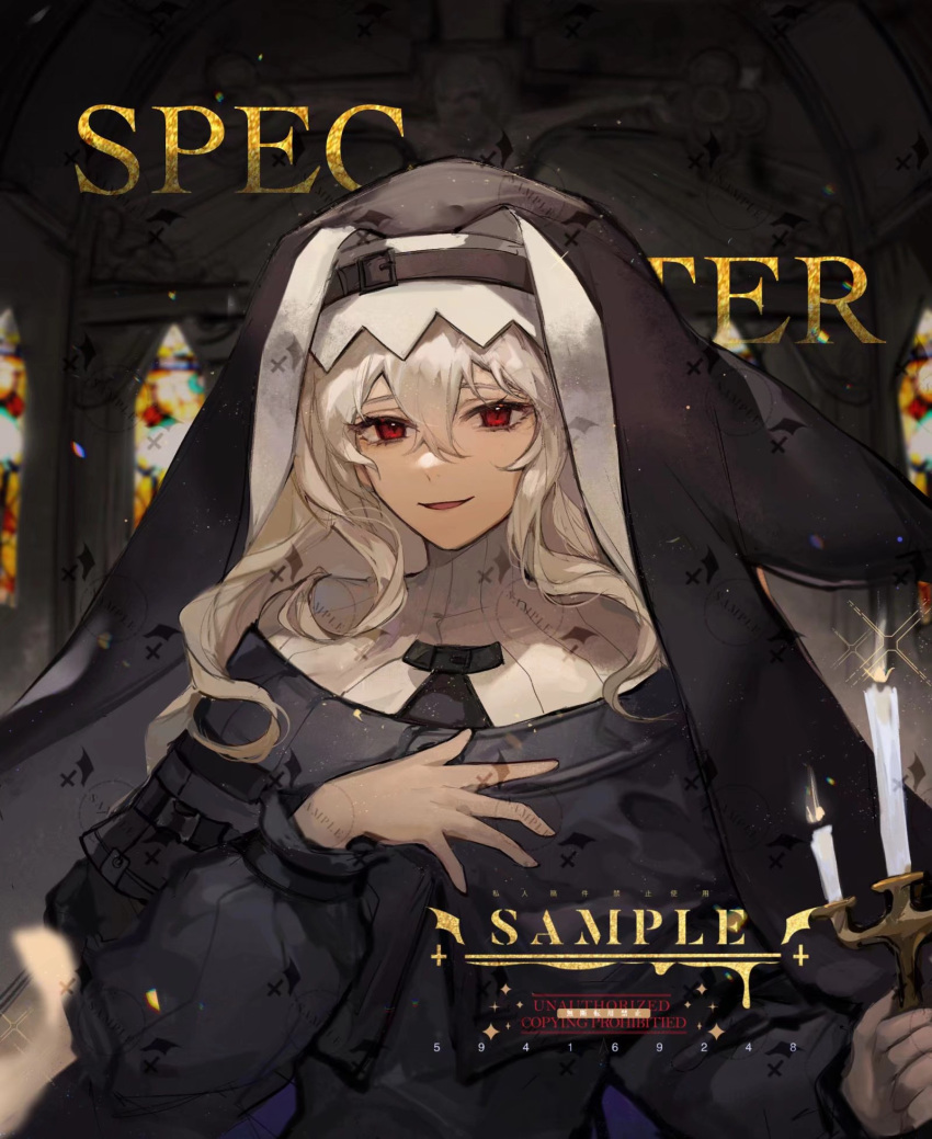1girl arknights black_dress black_headwear candelabra candle candlestand coif dress etiv habit hair_between_eyes hat highres holding holding_candle long_hair long_sleeves looking_at_viewer nun open_mouth red_eyes smile solo specter_(arknights) stained_glass white_hair