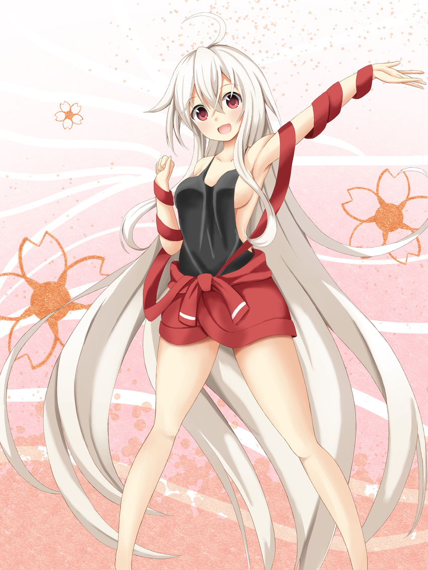 :d ahoge armpits black_shirt blush breasts chiya_(urara_meirochou) clenched_hand collarbone eyebrows_visible_through_hair fang floral_background gradient gradient_background hair_between_eyes head_tilt highres legs_apart long_hair medium_breasts open_mouth outstretched_arm red_eyes shirt sleeveless sleeveless_shirt smile solo standing urara_meirochou very_long_hair wenetora white_hair