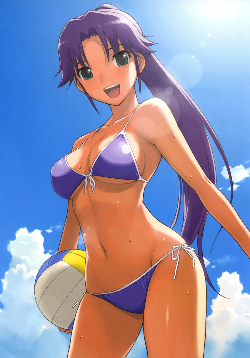 :d absurdres asuka_(dream_c_club_zero) ball bikini blue_bikini blue_sky breasts carrying_against_hip carrying_under_arm cleavage cloud contrapposto cowboy_shot day dream_c_club dream_c_club_(series) dream_c_club_zero dutch_angle from_below front-tie_bikini front-tie_top green_eyes groin halter_top halterneck highres holding holding_ball large_breasts lens_flare long_hair mole mole_under_eye morisawa_haruyuki navel open_mouth outdoors ponytail purple_hair scan side-tie_bikini sidelocks sky smile solo standing string_bikini swimsuit underboob upper_teeth volleyball wet